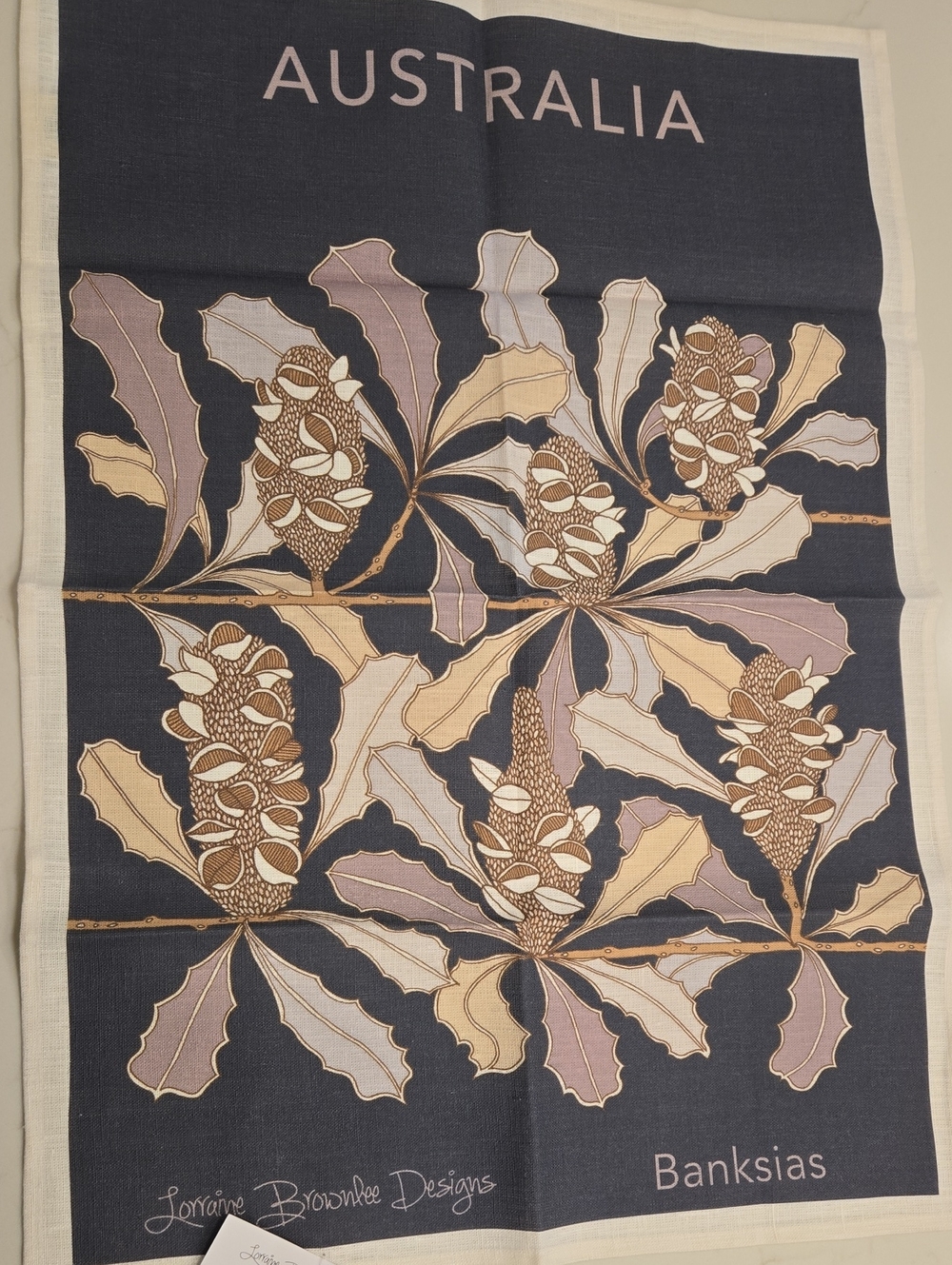 Australia Banksias Botanical Dish Towel - Grey with Taupe & Cream